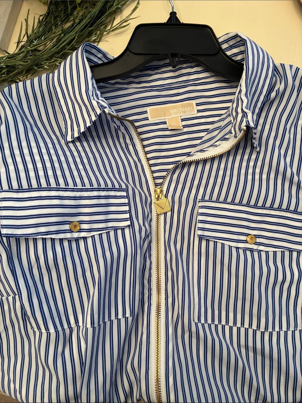 Michael Kors Blue & White ladies Striped Zip-Front Button-Down Shirt 2X